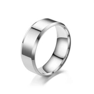 Silver Polished Stainless Steel Beveled Band Ring